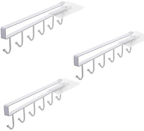 Alliebe Lot de 3 crochets de rangement pour tasses verre à vin ustensiles de cuisine ceintures et écharpe crochet de suspension sous placard sans perçage (Blanc)