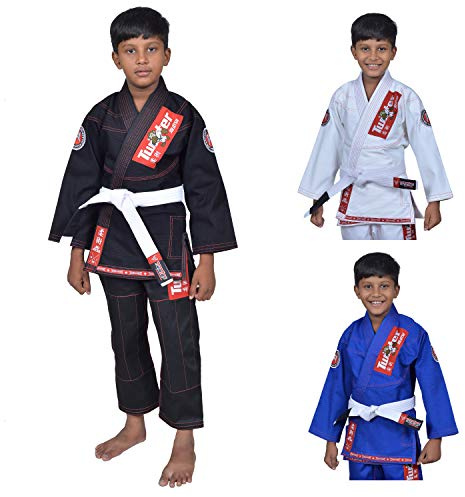 Twister Kids Jiu Jitsu Gi Ultra Light Fabric Youth BJJ Gi with free White Belt Included (Black/Red, C2)