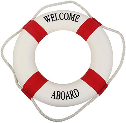 Flybloom 35cm Craft Lifebuoy Hanging Lifebuoy Mediterranean Style Crafts Welcome Aboard Nautical Lifebuoy Ring Wall Hanging Home Decoration, Red