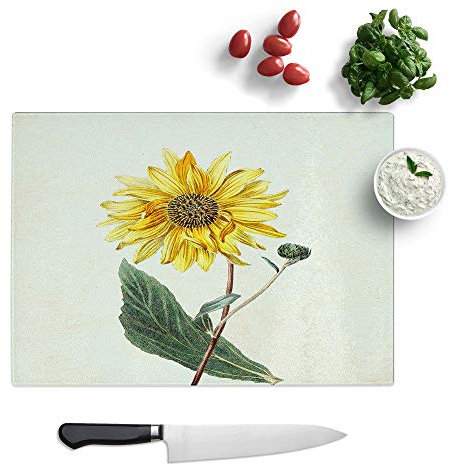Glass Chopping Board - Illustration of a Yellow Sunflower - Textured Worktop Saver Cutting Board - Heat Resistant, Shatterproof and Hygenic - 39 x 28.5 cm