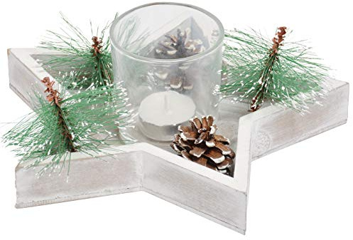 Holz Sterntablett Winterdekoration für Weihnachtsdeko Stern Tischdeko Weihnachten Kerze Teelicht 23 cm lang - Grau, Grün Dekoration