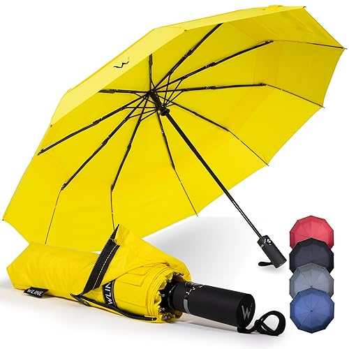 WLine Wind Ombrello Pieghevole Antivento da Pioggia con 10 Aste Rinforzate e Tela Idrorepellente 210T - Ombrello Portatile Resistente Apri e Chiudi Automatico, Diametro 104cm (Giallo senza Custodia)