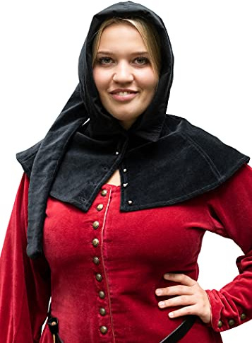Battle-Merchant Mittelalter Gugel aus Samt Mirella, für Damen, Schwarz | Baumwolle, Kopfbedeckung, Kapuze, Haube, Reenactment, LARP & Fantasy Cosplay, Kostüm