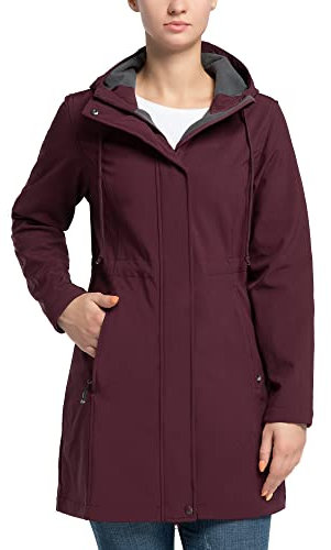 33,000ft Softshell-jacka för dam regnjacka vattentät regnjacka lång övergångsjacka funktionell jacka vindjacka andningsbar huva mjuk skaljacka, Rödvin, XXL