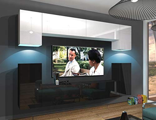 Furnitech Wohnwand Wohnzimmer | Wohnzimmer Möbel mit LED RGB - 16 Farben | Hängend Wohnwand Modern | Wohnzimmer Schrankwand mit Regale und TV Schrank (Rodos AN43-17BW-HG27 1A)