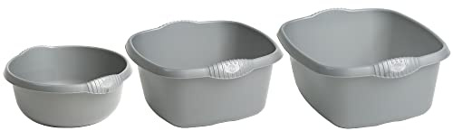 (Set of 3) Silver Round Multipurpose Plastic Bowl 5L+7L+10L Washing Up Bowl Mixing Bowl Washing Basin Bowl Sink Tidy Organiser Wash Tub Space Saving For Home Kitchen Camping (Assorted Sizes)