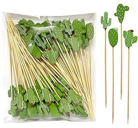 JIHUOO 100 Pcs Cactus Cocktail Picks Hawaii Fruit Toothpicks Drinks Food Skewer Sticks Fancy Toothpicks for Appetizers Beach Holiday Party Supplies