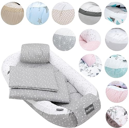 ellochi Growing in Style 5-TLG. Babynest-Set inkl. Babynest 60x90, Arm-Stillkissen, Babymatratze 30x70 cm, Babydecke für Neugeborene 50x75, Babykissen, Erstausstattung aus 100% Baumwolle