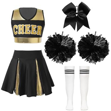 Alvivi Disfraz de Cheerleaders Animadora para Niñas Crop Top y Falda Plisada con Pompones+Calcetines+Diadema de Lazo Vestido de Danza Uniforme Colegiala Porrista 5-16 Años Blanco y negro 11-12 años