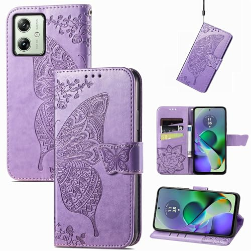 JIUNINE Funda Libro para Motorola Moto G54 5G, Morado | Carcasa Tipo Cuero Sintético, Relieve Mariposas, Cierre Magnético, Ranuras para Tarjetas, Soporte Plegable, Protección 360°