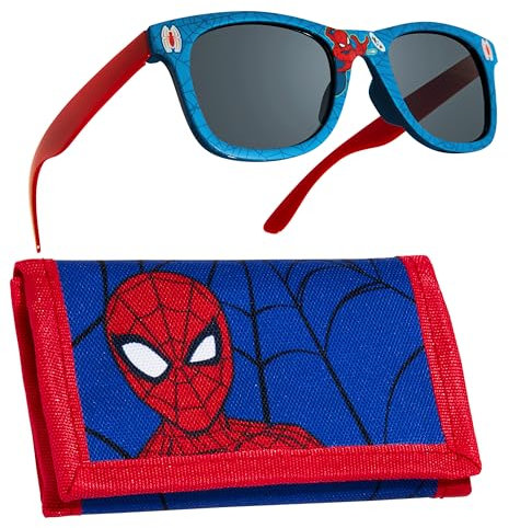 Marvel Sonnenbrille UV Schutz & Geldbeutel Kinder Set - Geschenke für Jungs (Rot/Blau Spiderman)