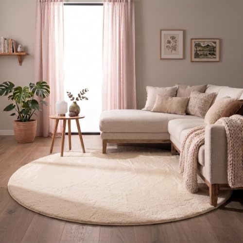 FRAAI | Home & Living Flauschiger Teppich Rund - Cozy Creme - Ø 120 cm | Polyester - Kurzflor - Einfarbig - Waschbar in Waschmaschine - Modern - Wohnzimmer, Esszimmer, Kinderzimmer, Schlafzimmer