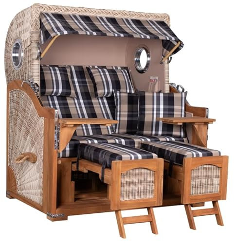 MR. DEKO® Strandkorb Düne Grande XL 2,5-Sitzer Teak | PE Geflecht Shell - Dessin 583 | Volllieger Strandstuhl mit Bullauge inkl. 2 Fußablagen | je 2 Kissen und Nackenkissen | Strandkörbe aus Teakholz