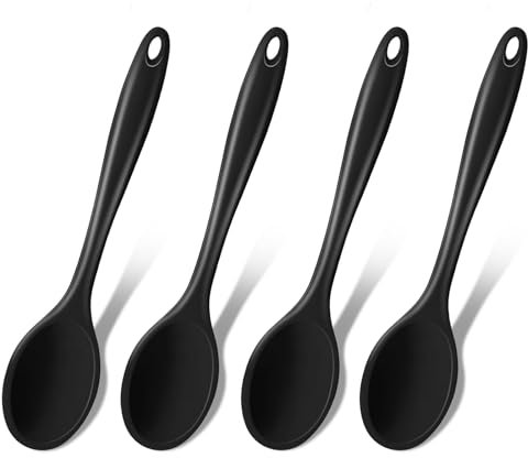 GEEKHOM 4 Pieces Silicone Spoons, Large Mixing Spoon Heat Resistant Kitchen Utensils Serving Table Spoons Non-Stick Stirring Spoon for Cooking Baking, Black