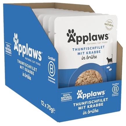 Applaws 100% Natural Adult Wet Cat Food, Tuna Fillet with Crab in Broth 70g Pouch (12 x 70 g Pouches)