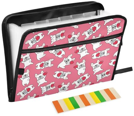 Dokumentenmappe mit französischer Bulldogge, Herzform, Kunststoff, mit 13 Fächern, erweiterbare Dokumentenmappe für Dokumente, Schule, Studenten, Büro, ästhetische Mappe mit Etiketten, A4, Briefgröße
