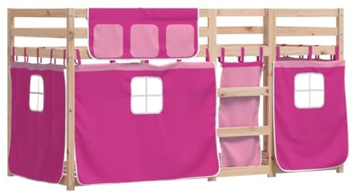 vidaXL Etagenbett, Kinderbett mit Vorhängen Leiter, Hochbett Spielbett für Kinder ab 6 Jahren, Doppel Stockbett Bett, Rosa 75x190cm Massivholz Kiefer