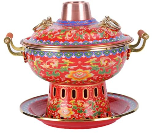 LoKori Chafing Dishes für Den Haushalt, Chinesischer Traditioneller Cloisonné-Hot Pot, Alter Pekinger Kupfer-Hot Pot, Altmodischer Holzkohle-Kupferofen, Lamm-Shabu für Party, Camp, Picknick,B