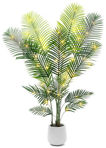 6ft Artificial Palm Tree with LED Fairy Lights & White Planter - Lifelike Faux Tropical Areca Palm Plant with Realistic Trunk & Adjustable Branches for Indoor Home Office Living Room Corner Decor