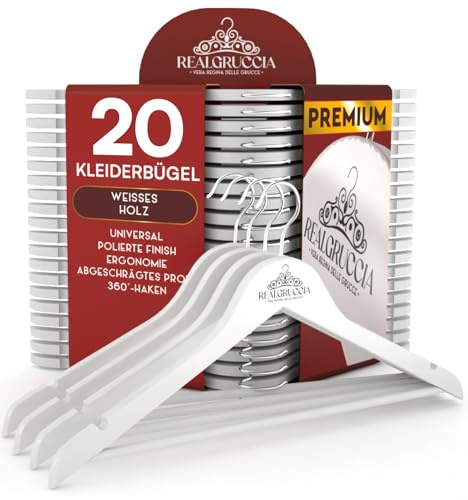 20 Kleiderbügel aus Holz Anti-Rutsch-Einkerbungen Holzbügel RealGruccia Farbe Weiß von Hosen Anzügen und Hemden - Hosensteg Polierter Oberfläche Drehbaren Hakens und Abgeschrägte Profile - 22x45cm