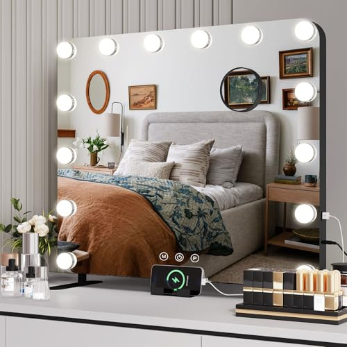 MAMIZO Hollywood Spiegel 60x50cm,Schminkspiegel mit Beleuchtung,14 Dimmbarer LED,Kosmetikspiegel mit Light, 3 Farblichtmodi,Vanity Spiegel,USB,Handyhalterung,Tischspiegel,Wandspiegel,Schwarz