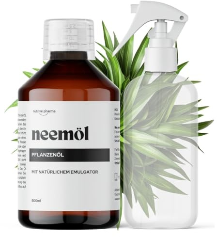 Organisches Neemöl mit natürlichem Emulgator, 500ml - Gebrauchsfertig, Kaltgepresst, 100% Natürlich, Umweltfreundlich, inkl. Sprühflasche u. Messbecher, Pflanzenpflege für Zimmer- und Gartenpflanzen