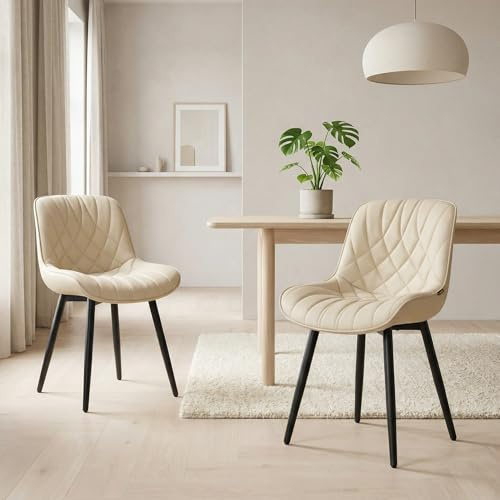 YOUNIKE Esszimmerstühle 2er Set Küchenstuhl Kunstleder, Bequemer Polsterstuhl mit Metallfüßen, Esstisch Stühle Wohnzimmerstuhl mit Rückenlehne, Beige