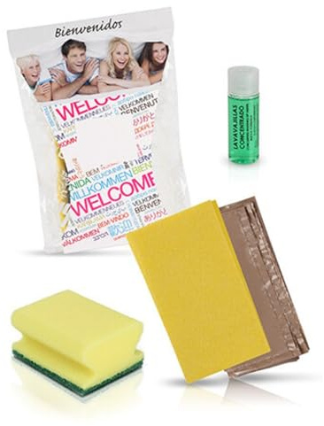INTERCABO Kit Limpieza Cocina para Alquileres Temporales – 50 Unidades con Bayeta Amarilla, Esponja Salvauñas, Lavavajillas 30ml y Bolsa de Basura – Amenities para Alojamiento – Hecho en España