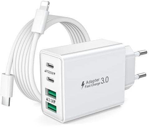 LumFocus Chargeur USB C, 40W 4 Port Prise Chargeur iPhone Rapide Multiple Prise USBC avec 2M Cable USB C pour iPhone 14 13 12 11 Pro Max Plus X/XS/XR SE, Samsung, Prise USBC et Cable C-to Lightning