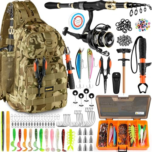 PLUSINNO Angelrucksack mit Angelrute und Rolle Combos Tackle Boxen, wasserdichter Tackle Rucksack für Angelausrüstung mit Rutenhalter, Angelgeschenke für Männer mit Angelwerkzeug-Kit ...