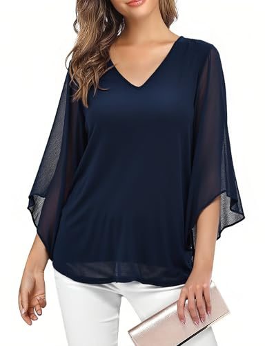 Enmain Camicia Blu Navy Donna Elegante Volant Scollo a V 3/4 Manica Blusa Abbigliamento Donna Curvy Fiori Leggero Casual Estiva Primaverile Top 3XL