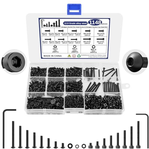 1148 Pcs M2.5 Black Bolts and Nuts Set, 12.9 Grade Carbon Nuts and Bolts Assortment Kit, Mechanical Screws Bolts and Nuts and Washers for Bicycle Motorcycle Repair (cup head and round head)