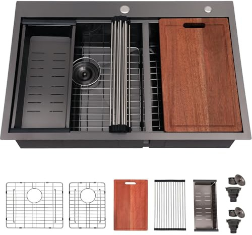 UFaucet 60/40 Drop In Double Bowl Kitchen Sink Black, 33x22 Inch Gunmetal Black Drop In Kitchen Sink Ledge Workstation 16 Gauge Stainless Steel Topmount Dual Basin with Cutting Board