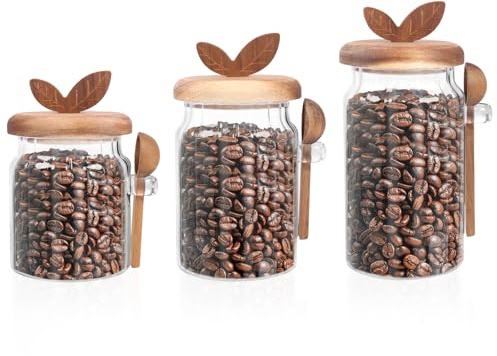 3Pack Glass Storage Jars with Airtight Wooden Lids and Spoons, 0.4+0.6+0.9L Sturdy Cylinder Wide-Mouth Kitchen Food Containers, Clear Preserving Seal Coffee Canisters for Sweets, Sugar, Cereal