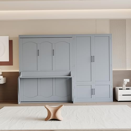 Merax Queen Size Murphy Bed Wall Bed with Closet and Wardrobe Storage for Bedroom,Gray