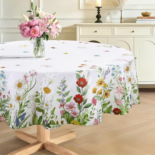 hometrixx Primavera Mantel Mesa Redondo 180 cm Flores Hojas Mariposas Verde | Antimanchas Manteles,Mesa Hule Poliéster Impermeable, Lavable a Máquina, Fácil de limpiar,para Bares Comedor Cocina Festivosr
