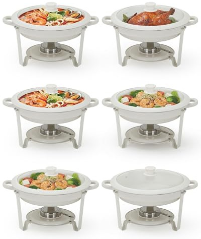 LinTimes 6PCS Maifanite Stone Coated Chafing Dish Buffet Set, 5-Litre Non-Stick Food Warmer Buffet Server with Glass Lids, Round Bain Marie Catering Serving Equipment for Weddings & Parties