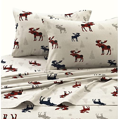 Tribeca Living Bettwäsche-Set aus 100% Baumwollflanell, Tiefe Taschen, 170 g/m², ultraweich und gemütlich, für den Winter, Cal King, Karierter Elch