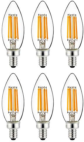 Sunlite 40956 LED B11 Filament Style Chandelier Light Bulb Torpedo Tip 5 Watts (60 W Equivalent) Dimmable, 600 Lumens, Candelabra E12 Base, UL Listed, 6 Pack, 30K-Warm White