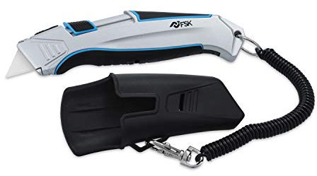 ferrestock fsktwc001 COLTELLO auto-retractil con cavo di sicurezza e custodia per cintura, Grigio E Blu