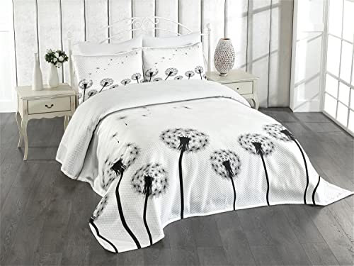 ABAKUHAUS Löwenzahn Tagesdecke Set, Faded Blowball Pflanze, Set mit Kissenbezügen Waschbar, für Einzelbetten 170 x 220 cm,Creme Schwarz