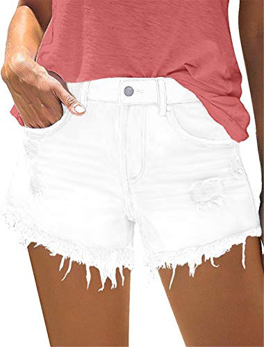 onlypuff White Denim Shorts for Women Push Up Frayed Stretchy Jean Shorts S，