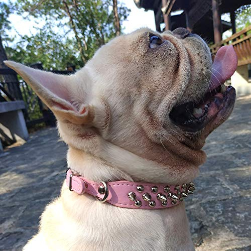 Hifrenchies Hundehalsband mit Nieten, Pilz-Nieten, verstellbar, Mikrofaser-Leder, Haustier-Halsbänder für Französische/Bulldogge/Mops, geeignet für kleine, mittelgroße und große Hunde (L, Pink)