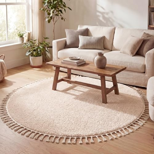 Teppich Hochflor Rund - Lofty Fringe Creme Weiß - Ø 150 cm | Einfarbig - Ländlich, Modern, Skandinavisch - Wohnzimmer, Esszimmer, Schlafzimmer - Fellteppich