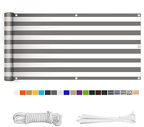 HERILIOS Balkon Sichtschutz, Balkonabdeckung 220 g/m² Innen Balkonverkleidung UV-Schutz (210Größen&21Farben) mit Ösen Kabelbinder und Kordel für Balkongeländer Terrasse,85X700CM Grau-weiß gestreift