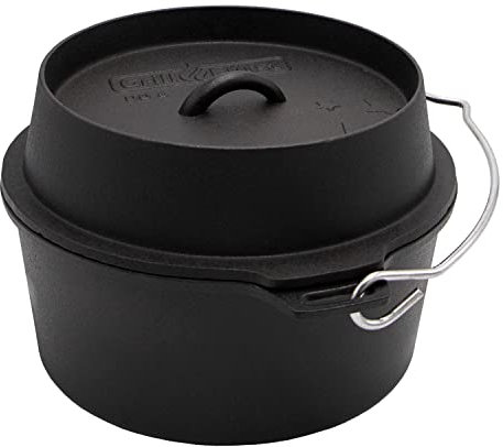 Grillfürst Dutch Oven ca. 6 Liter - stabil stehender Feuertopf mit flachem Boden ohne Füße, hitzebeständiger Gusseisen Topf, Deckel als Pfanne nutzbar, rund, DO 6