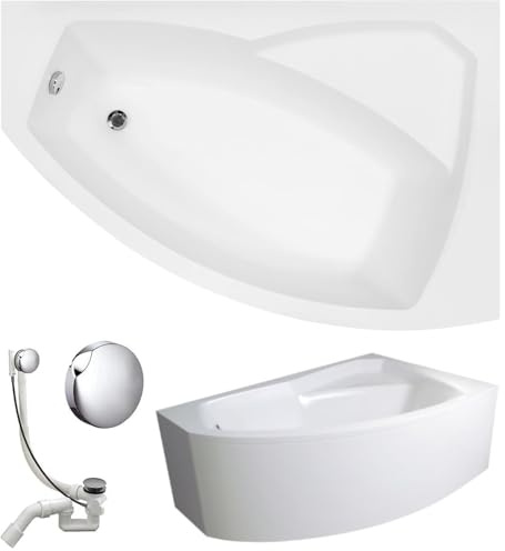 VBChome Badewanne 140x90 cm Acryl SET Schürze Siphon Wanne Ecke Eckbadewanne Weiß Design Modern Ablaufgarnitur Viega Simplex Wanne rechts Schürze Ablaufgarnitur Füße