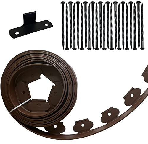 Kit de bordure de pelouse noire de 6,1 m avec 20 pointes, bordure de jardin en plastique de 5,1 cm de haut pour aménagement paysager, jardins fleuris, pelouse (marron, 6 m)