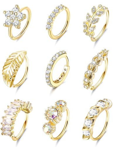 Dochais 9Pcs Nasenring Piercings die Ringe C Förmig Nasenpiercing für Frauen Männer Spirale Nase Stecker mit Strass Nase Piercing Schmuck Gold