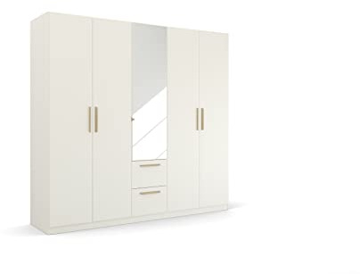 Rauch Möbel Quadra-Spin SKANDI, Kleiderschrank, Farbe Weiß, Breite 226 cm | Schrank im Skandi Stil, 5-türig, Spiegel, 2 Schubladen, für Schlafzimmer, Kinderzimmer, Studentenwohnung, Garderobe